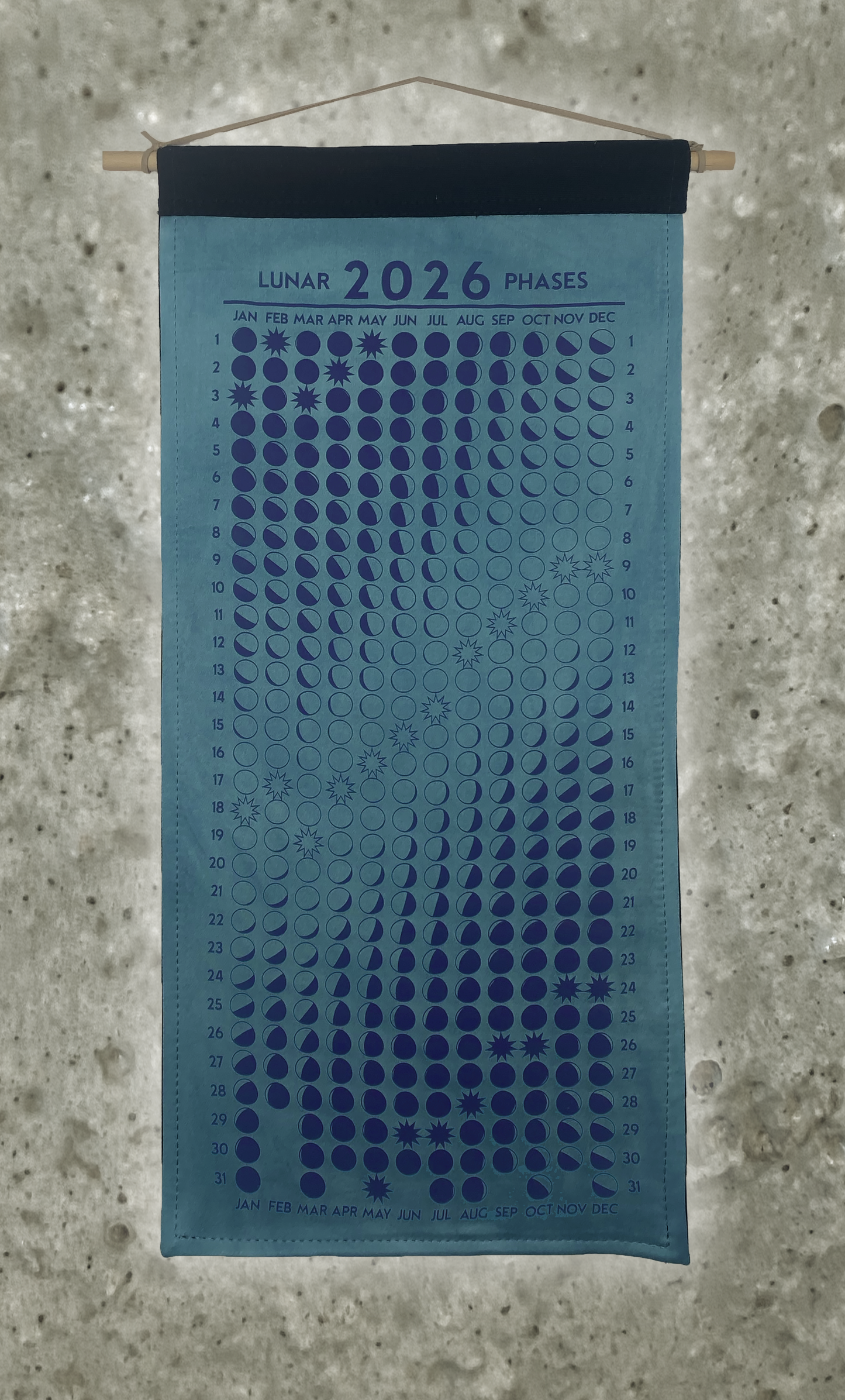 Lunar Phase Calendar 2026 - Garden Indigo Mordanted Silk w/ Purple Print