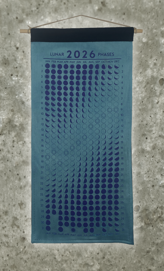 Lunar Phase Calendar 2026 - Garden Indigo Mordanted Silk w/ Purple Print