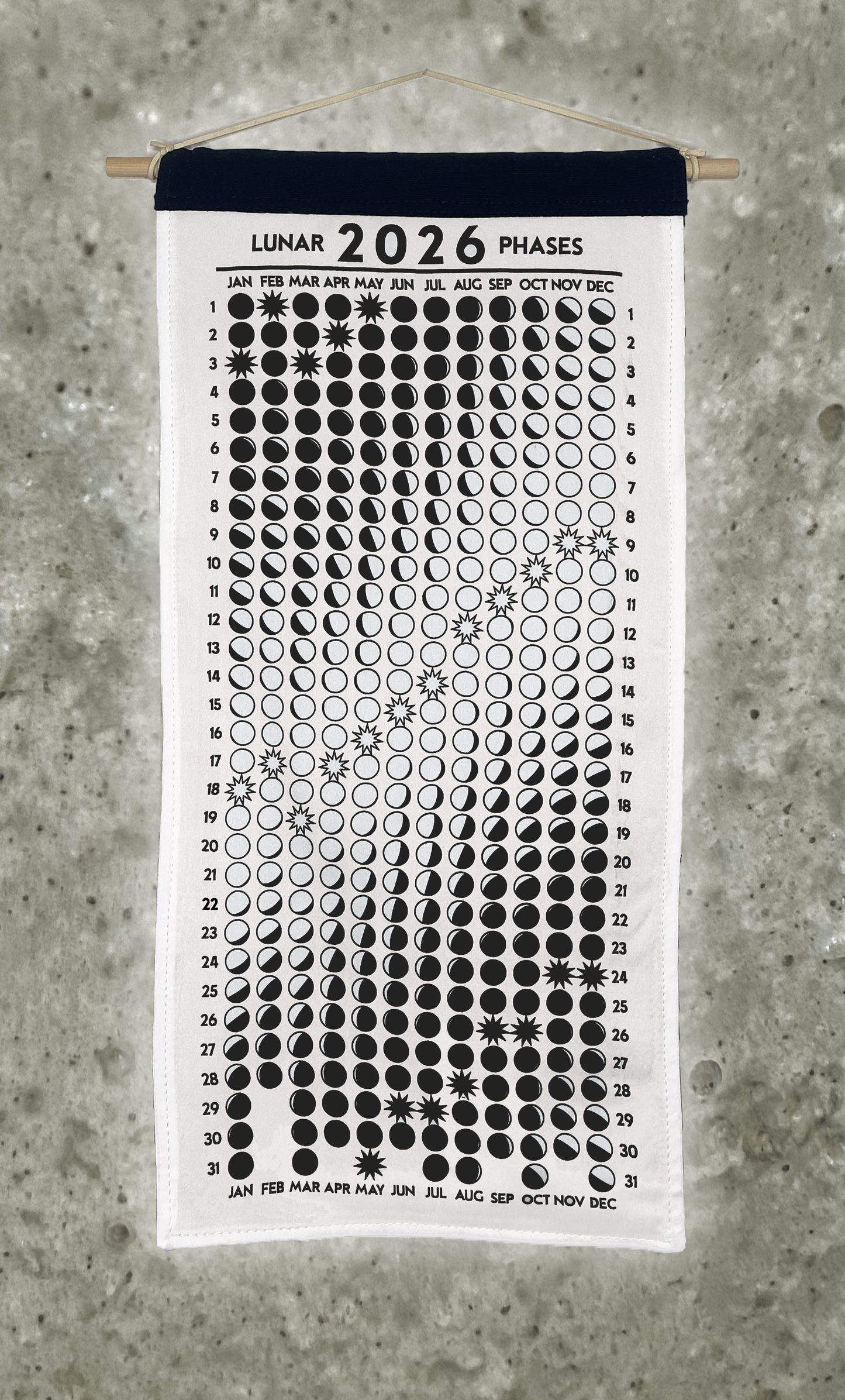 Lunar Phase Calendar 2026 - Undyed Silk w/ Black Ink