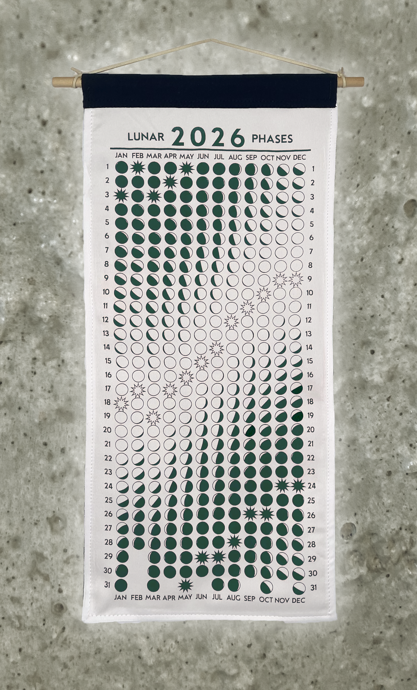 Lunar Phase Calendar 2026 - Undyed Silk w/ Dark Teal Ink