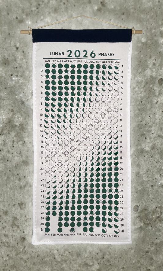 Lunar Phase Calendar 2026 - Undyed Silk w/ Dark Teal Ink