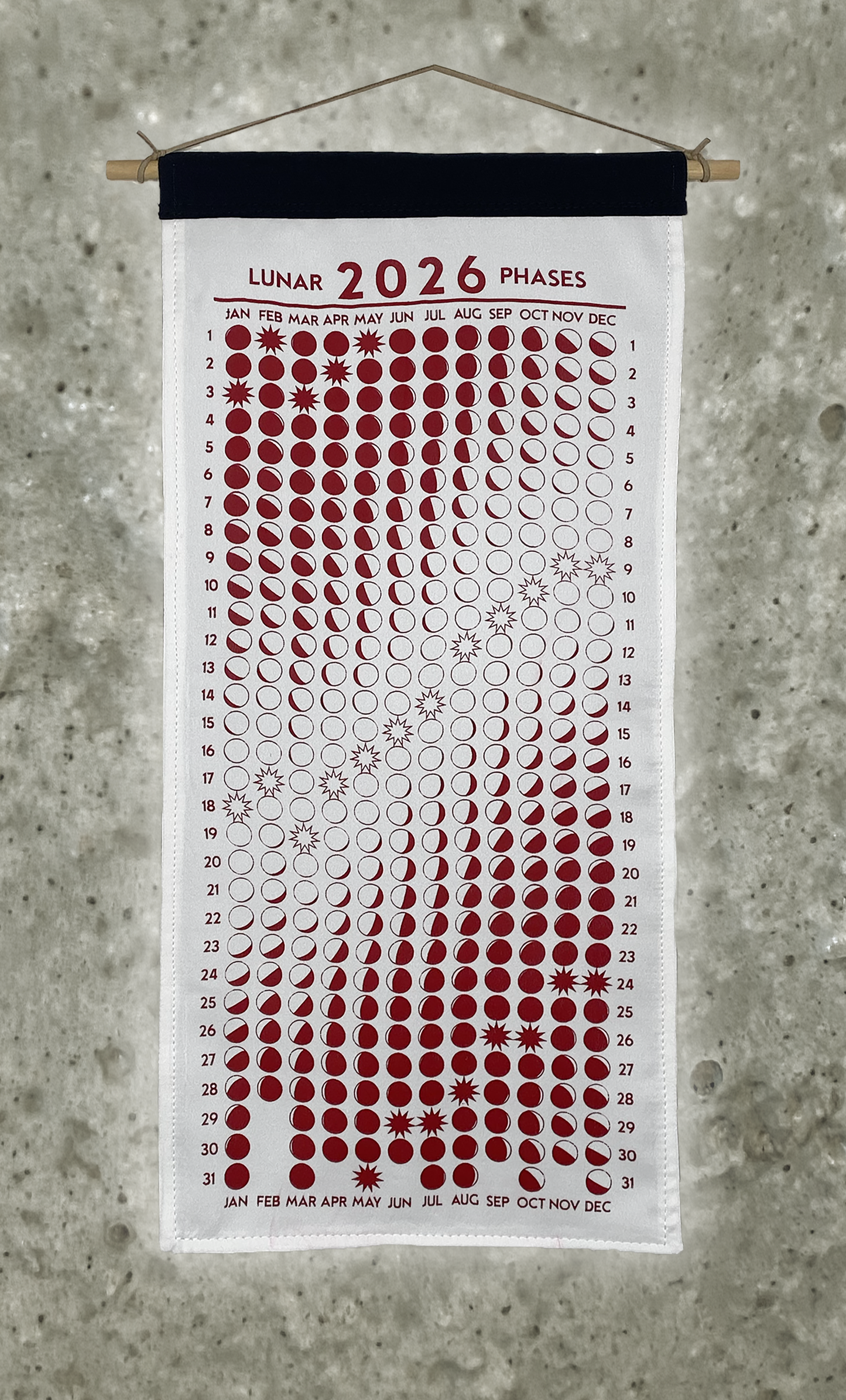 Lunar Phase Calendar 2026 - Undyed Silk w/ Red Ink