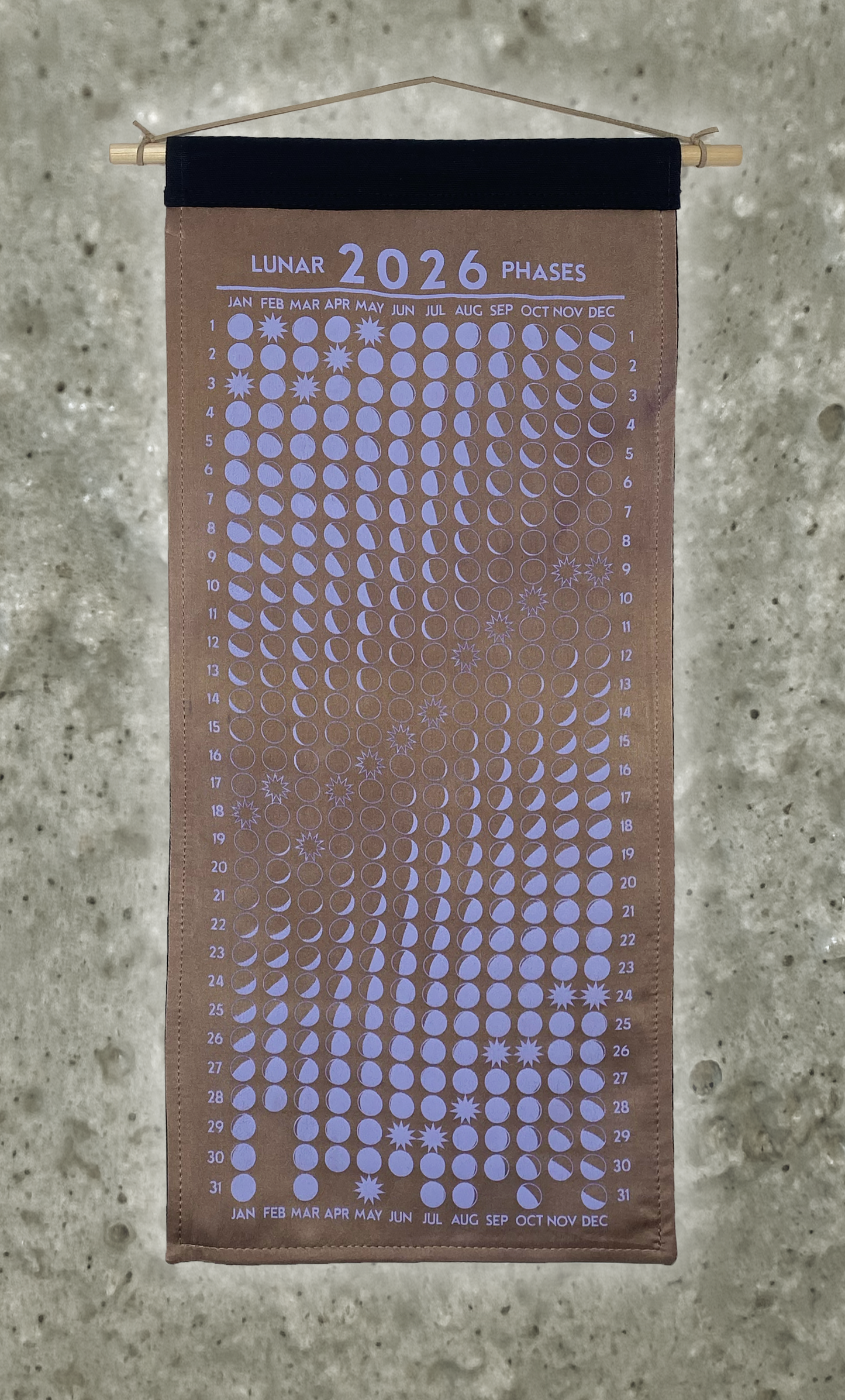 Lunar Phase Calendar 2026 - Deep Sappanwood Silk w/ Lavender Print