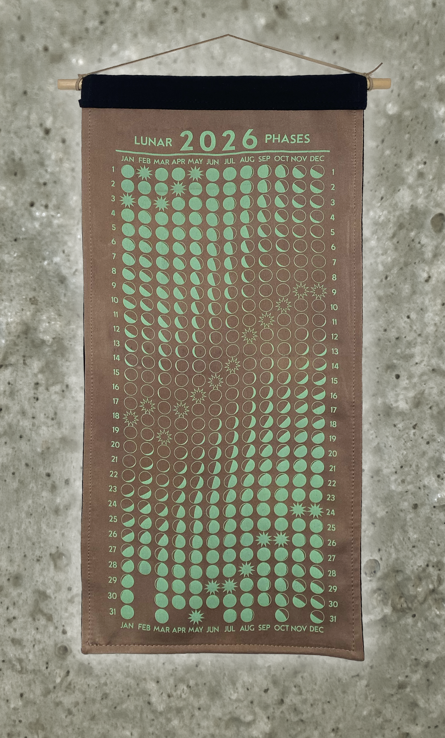 Lunar Phase Calendar 2026 - Deep Sappanwood Silk w/ Mint Print