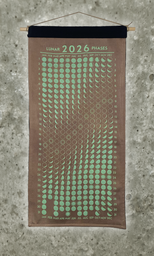 Lunar Phase Calendar 2026 - Deep Sappanwood Silk w/ Mint Print