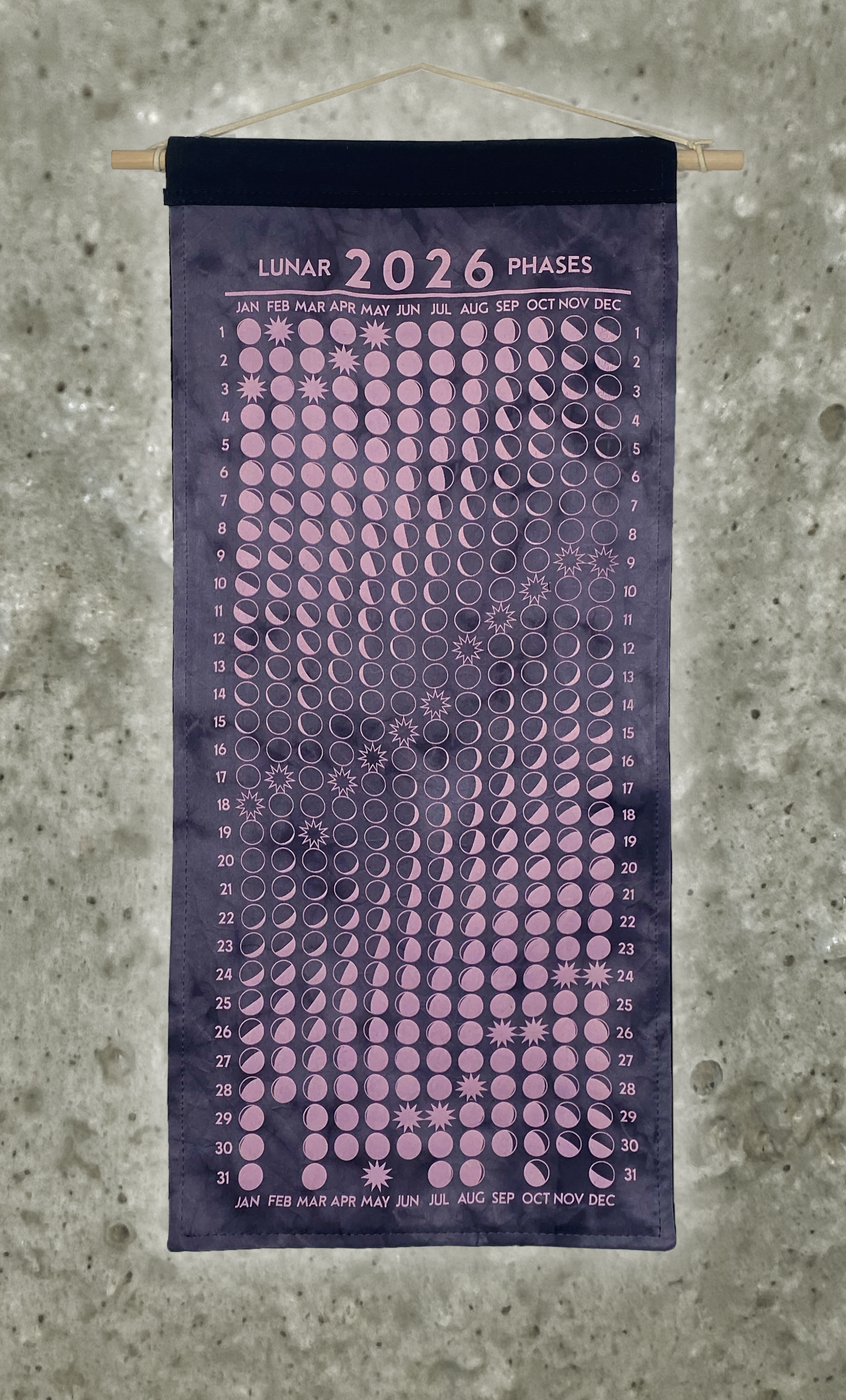 Lunar Phase Calendar 2026 - Deep Tara + Iron Swirl Silk w/ Bubblegum Print