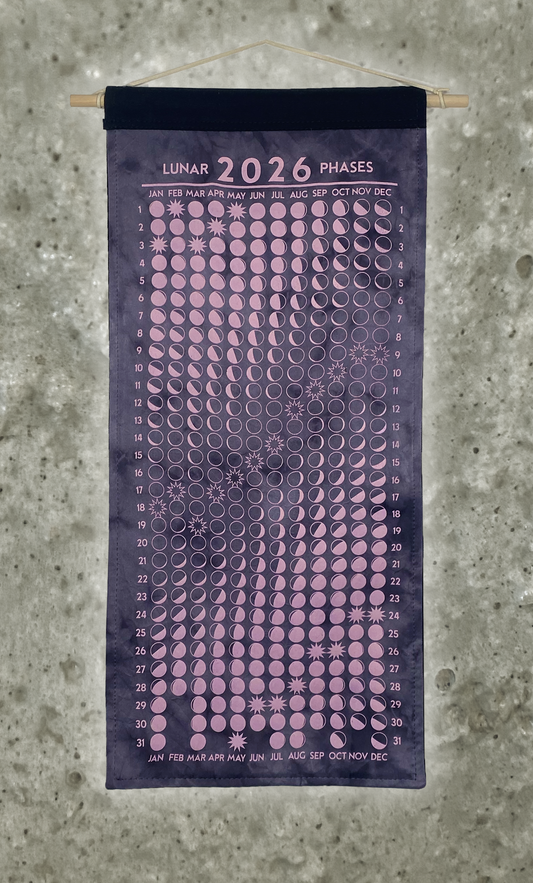 Lunar Phase Calendar 2026 - Deep Tara + Iron Swirl Silk w/ Bubblegum Print