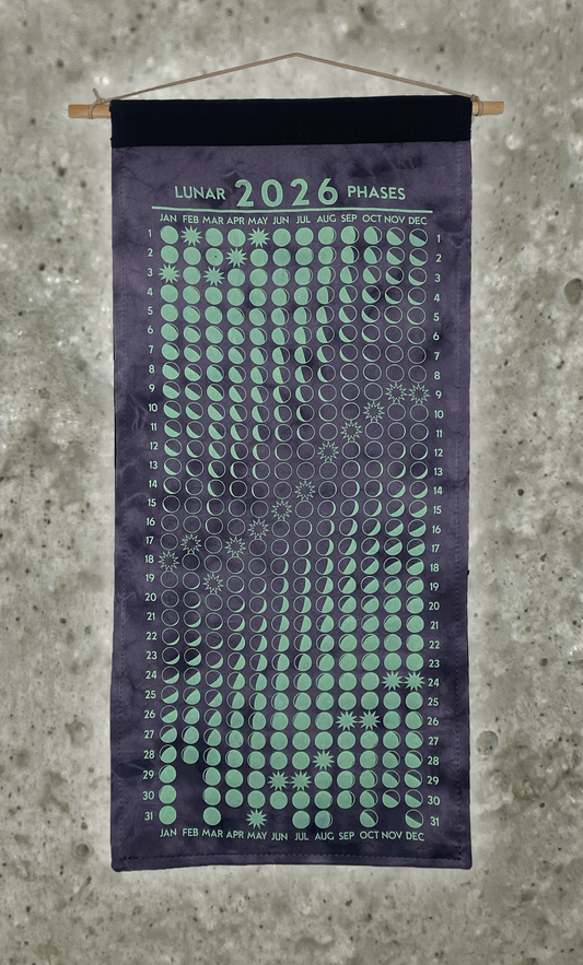 Lunar Phase Calendar 2026 - Deep Tara + Iron Swirl Silk w/ Mint Print