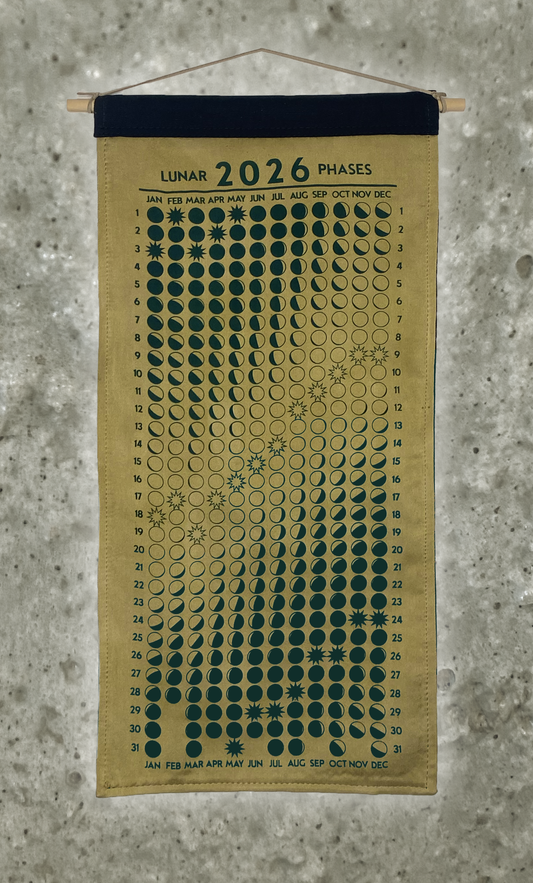 Lunar Phase Calendar 2026 - Deep Weld + Iron Silk w/ Dark Teal Print